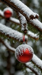 Red ornament on a snow-dusted tree branch.