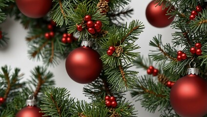 Fototapeta premium Red ornament-adorned pine branches on a white background.