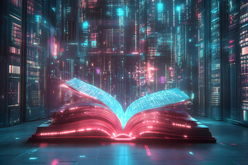 Futuristic Cityscape with Glowing Book 3D Illustration