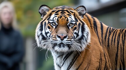 Fototapeta premium A striking close-up of a tiger is face, revealing its intense gaze and detailed fur patterns. The rich colors and focused depth create a dramatic and captivating image that draws the viewer in,