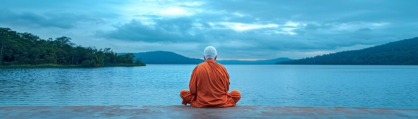 Monk meditating by the lake.