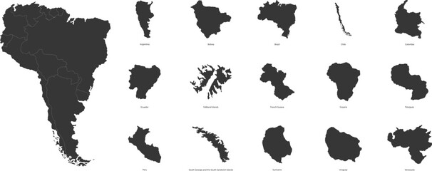 List of countries and territories in South America. Vector illustration