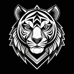Obraz premium Minimalistic bold tiger face in close-up with clean lines and geometric shapes, monochromatic color scheme and high contrast, centered composition for t-shirt print