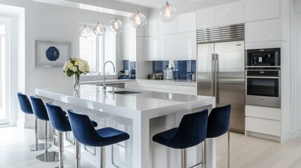 A contemporary kitchen featuring sleek white cabinetry, a spacious island with seating, stylish lighting fixtures, and blue accents. Fresh flowers add a touch of elegance to this vibrant room.