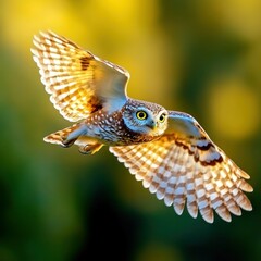 Fototapeta premium Sharp-Eyed Little Owl Soaring through Forest: Detailed Nature Photography of Wild Bird of Prey in Natural Habitat