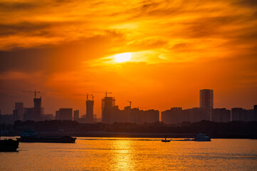 Dusk sunset landscape along the Yangtze River in Nanjing, China