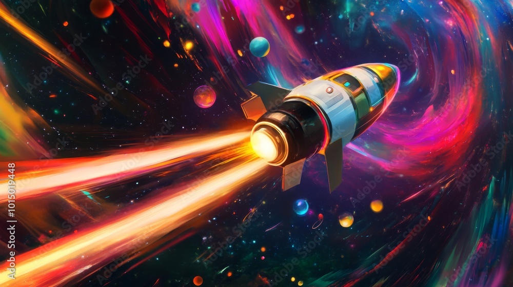 Poster A white and yellow spaceship with a glowing engine is flying through a dark nebula. The nebula is swirling with streaks of bright colors like pink, purple, and red