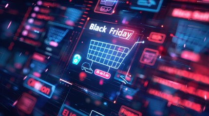 Obraz premium Futuristic Online Shopping Cart UI with Glowing Black Friday Sale Tags for E-commerce Design