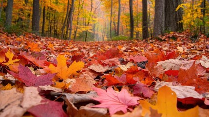 A dense pile of fallen autumn leaves in various shades of red, orange, and yellow, covering the forest ground