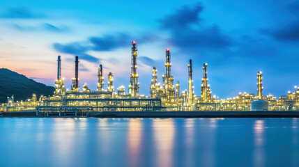 Illuminated Oil Refinery at Night Overlooked by a Tranquil Sky and Water Reflection in an Industrial Landscape