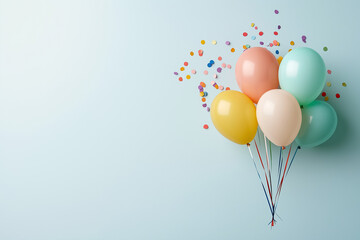 Colorful balloons with ribbons float alongside scattered confetti, creating a cheerful and party-like atmosphere on a light blue backdrop.