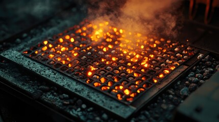 A detailed view of a hot grill with clean metal grates and glowing coals, smoke subtly rising, awaiting food