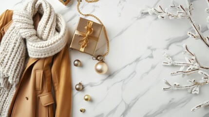 Luxurious Cyber Monday Promotional Banner with Designer Clothing and Gifts on Marble Surface