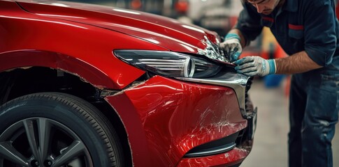 Fototapeta premium A car mechanic in uniform is fixing a red car with a damaged fender after an accident at the service center of a vehicle repair shop.