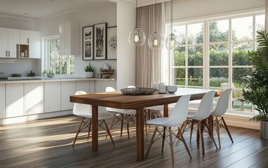 Fototapeta premium A modern dining area featuring a wooden table, white chairs, and large windows overlooking a garden.