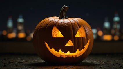 Pumpkin illuminated by city lights.