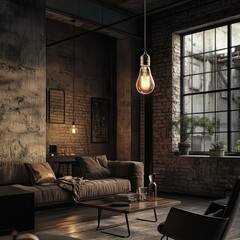 A dimly lit, industrial-style loft with an exposed filament bulb lamp hanging from the ceiling, adding a warm ambiance to the room