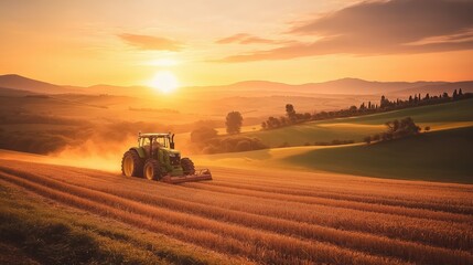 Fototapeta premium Tractor Plowing a Scenic Field at Sunset in Summer Creating a Peaceful and Productive Agricultural Landscape