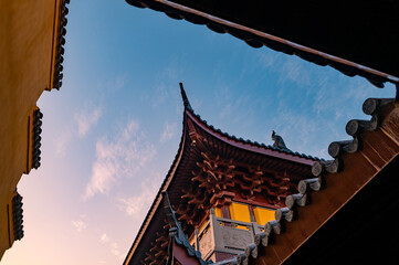 Elevated photo of the eaves of an ancient Chinese temple building