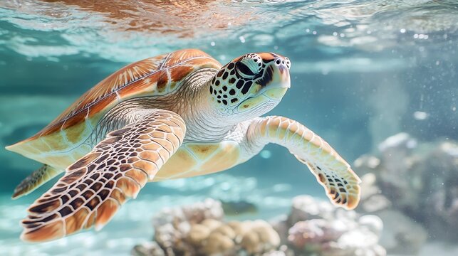 An ethereal image of a sea turtle gliding gracefully through crystal-clear waters, surrounded by vibrant coral reefs. The focus is on the turtle, showcasing its intricate shell patterns, while the