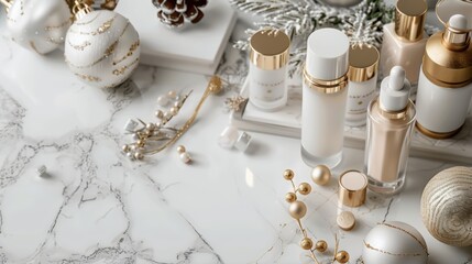 Luxurious Cyber Monday Beauty Banner with High End Skincare and Makeup on Marble Background