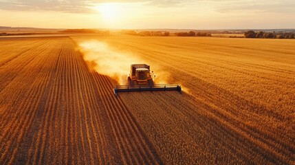 Fototapeta premium A drone shot of a combine harvester working its way through a vast golden barley field at dusk.