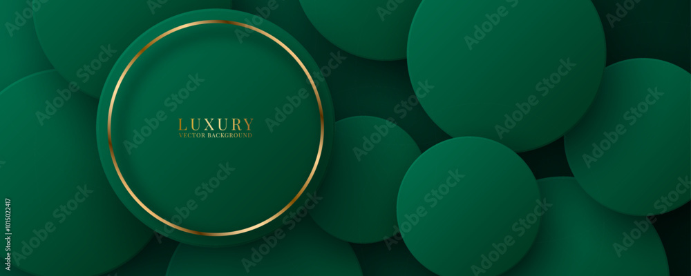 Poster 3d green luxury abstract background overlap layer on dark space with golden lines circles decoration