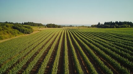 A drone shot of a cornfield with neat rows of plants extending into the distance under clear skies.