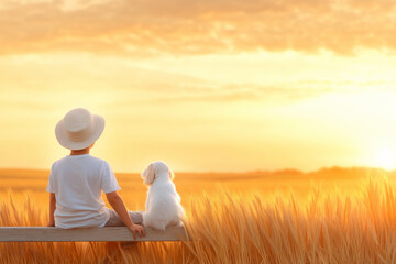 A child and a dog enjoying a sunset together on a quiet bench in a golden wheat field