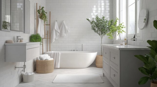 A white bathroom with a large freestanding bathtub. The bathroom has large windows and white tiles. There are plants in the room and a white vanity with a mirror.