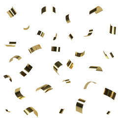 Falling shiny gold confetti on transparent background. Bright blinking golden festive tinsel. Holiday design elements for web banner, poster, flyer, invitation.	