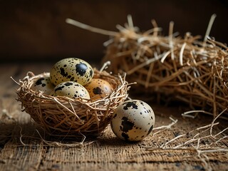 Obraz premium Quail eggs in a straw nest, serving as an Easter decoration.
