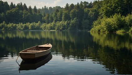 Naklejka premium Quiet lake scene with a wooden rowboat.