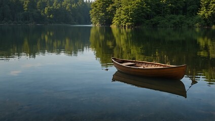 Fototapeta premium Quiet lake scene with a wooden rowboat.
