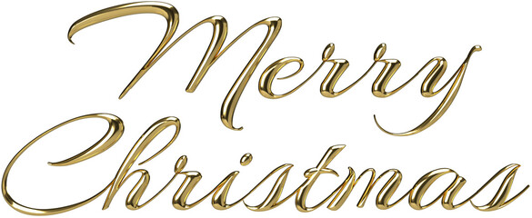 Gold metallic text Merry Christmas realistic 3D render isolated illustration. Golden script calligraphic sign. Design for festive decoartion, post, card.