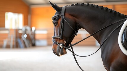 A close-up capture of an intricate bridle and saddle on a well-groomed horse, adorned with shiny fittings and rich leather detailing. The image highlights the elegance of equestrian gear, with a