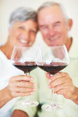 Mature couple, hands or red wine with glasses for toast, cheers or celebration on date together at home. Closeup, elderly man and woman with drink or beverage for holiday, bonding or romance at house