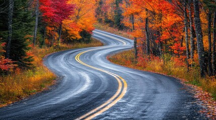 Naklejka premium A winding paved road through a lush autumn forest with vibrant foliage.
