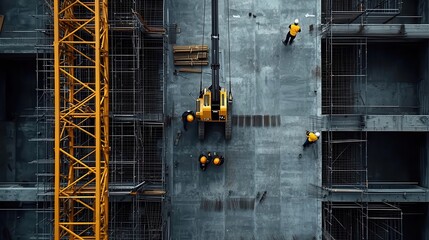 Drone view of large construction site with cranes, scaffolding, and active workers, Construction site aerial, Large-scale infrastructure