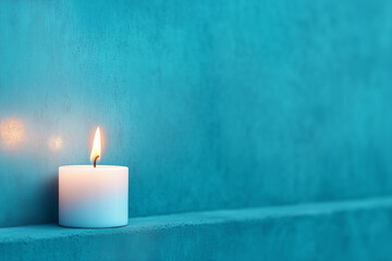 A solitary white candle burns softly against a textured blue wall in a calm setting