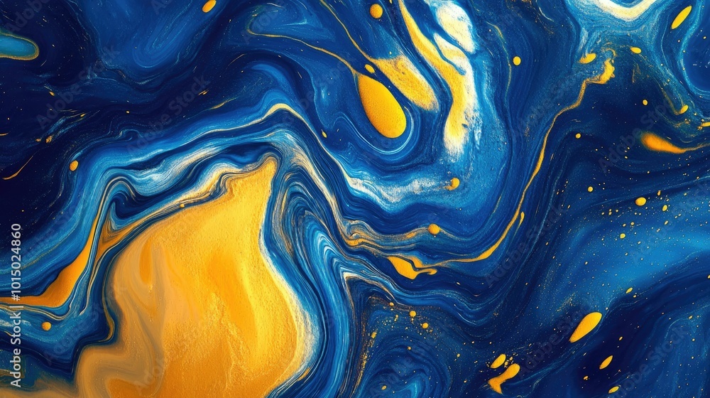 Poster a dynamic swirl of blue and yellow paint mixing into abstract fluid patterns.