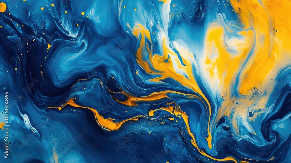 Aufkleber a dynamic swirl of blue and yellow paint mixing into abstract fluid patterns.