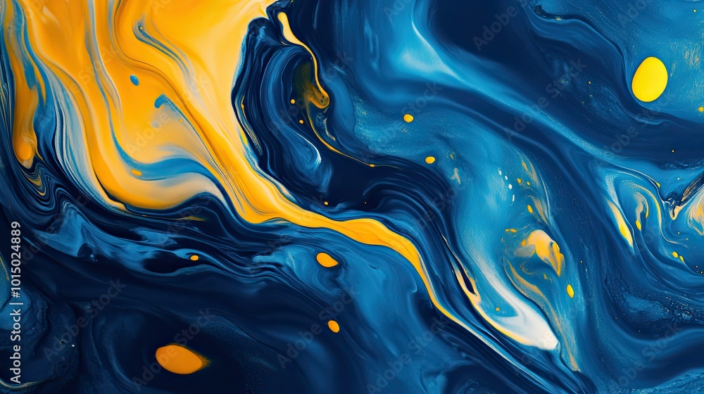 Poster a dynamic swirl of blue and yellow paint mixing into abstract fluid patterns.