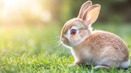 Fototapeta premium An elegant composition of a playful baby rabbit in a sunlit meadow, its soft fur highlighted by the golden rays, while vibrant green grass creates a beautiful backdrop. Product photography with high