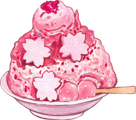 Sakura Bingsu with Dang Ice Cream Toppings, japanese confections, watercolor painting hand-drawn illustration.