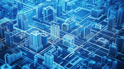 Blueprint of a futuristic smart city with interconnected buildings and sustainable energy systems
