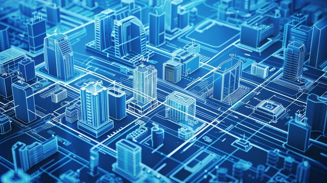 Blueprint of a futuristic smart city with interconnected buildings and sustainable energy systems