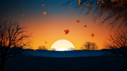 Obraz premium sunset over autumn landscape with bare trees and falling leaves