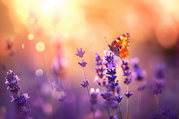 Butterfly on Lavender Blossoms During Sunset - Perfect for Nature Posters and Summer Theme