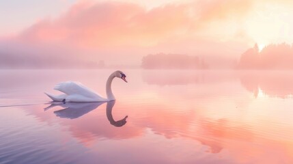 Fototapeta premium Ethereal Sunrise with Swan Gliding on Misty Lake - Nature Serenity and Tranquility